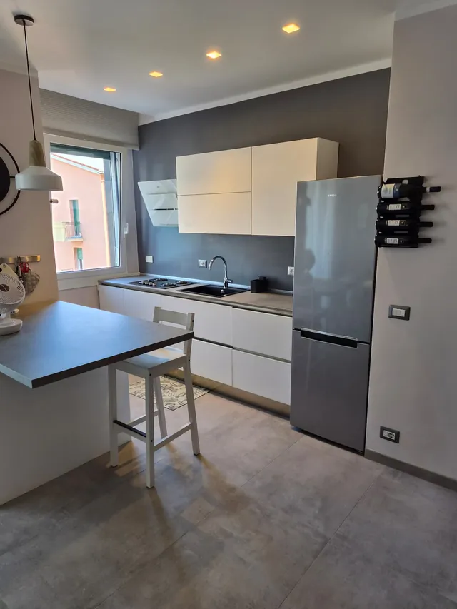 Cucina con penisola, frigorifero e piano cottura